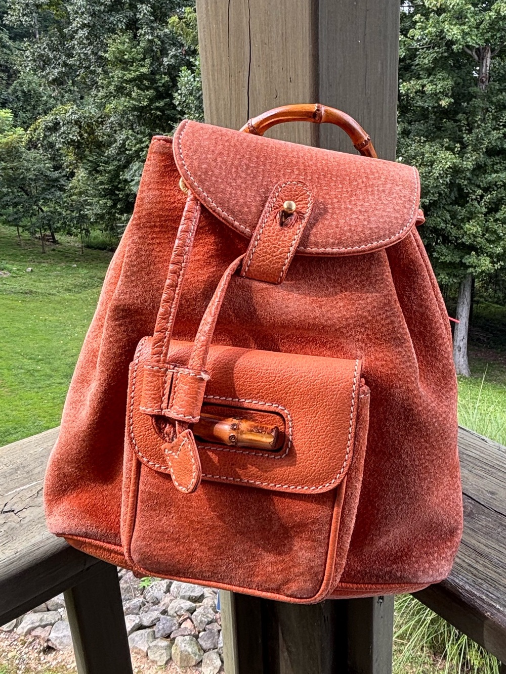 Authentic Gucci Suede Backpack with Bamboo Accent